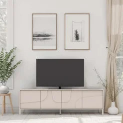 Mobile TV 205x62h cm 4 ante design in rilievo con piedini beige cashmere Sonia