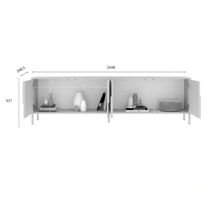 Mobile TV 205x62h cm 4 ante design in rilievo con piedini beige cashmere Sonia