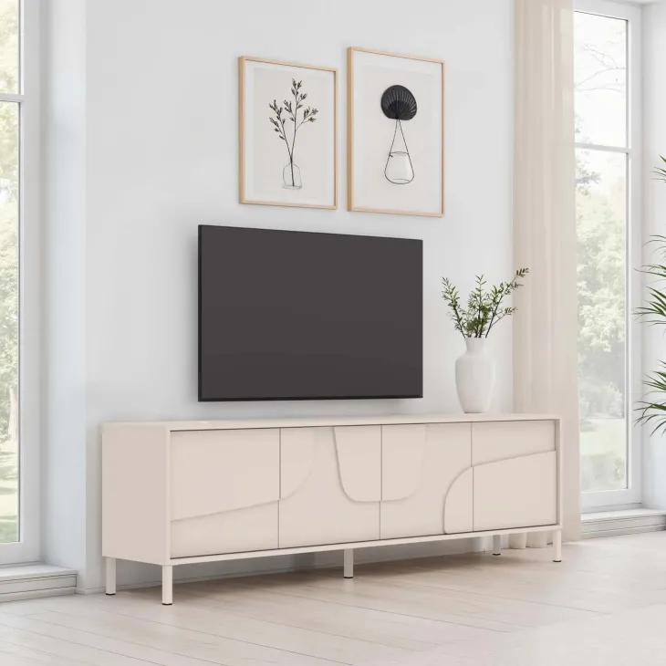 Mobile TV 205x62h cm 4 ante design in rilievo con piedini beige cashmere Sonia