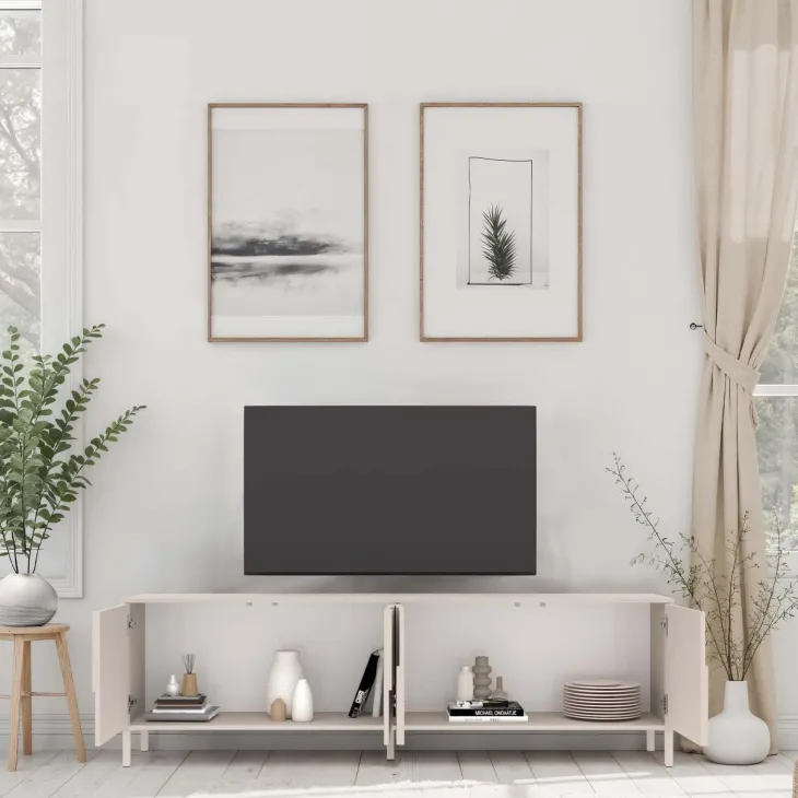 Mobile TV 205x62h cm 4 ante design in rilievo con piedini beige cashmere Sonia