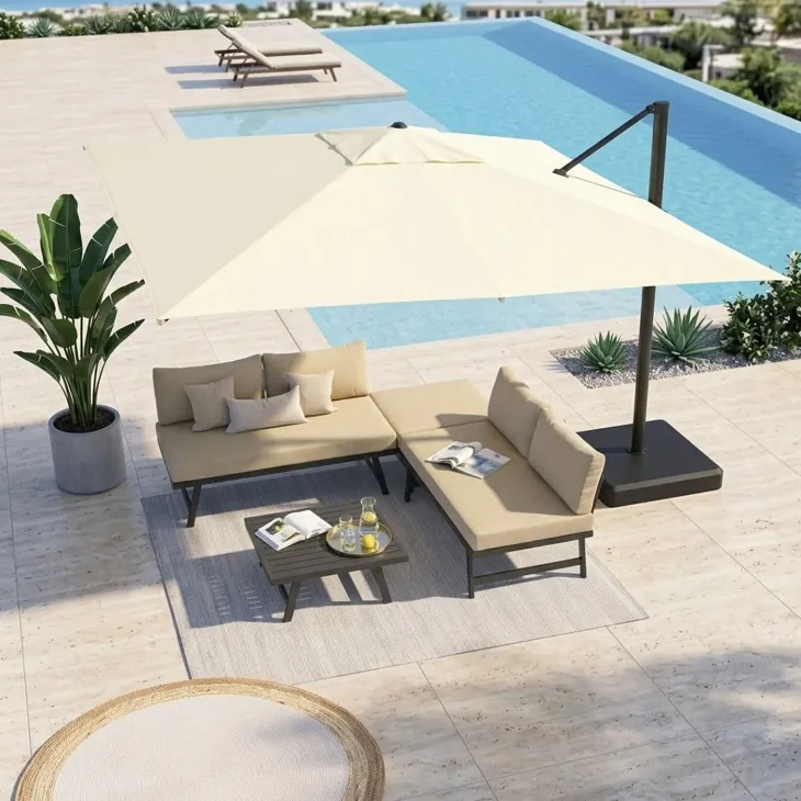 Ombrellone da giardino 4x3m con palo laterale telo ecrù struttura nera Zanzibar