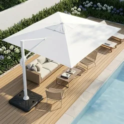Ombrellone da giardino 4x4m orientabile a 360° con palo laterale telo bianco struttura bianca Formentera