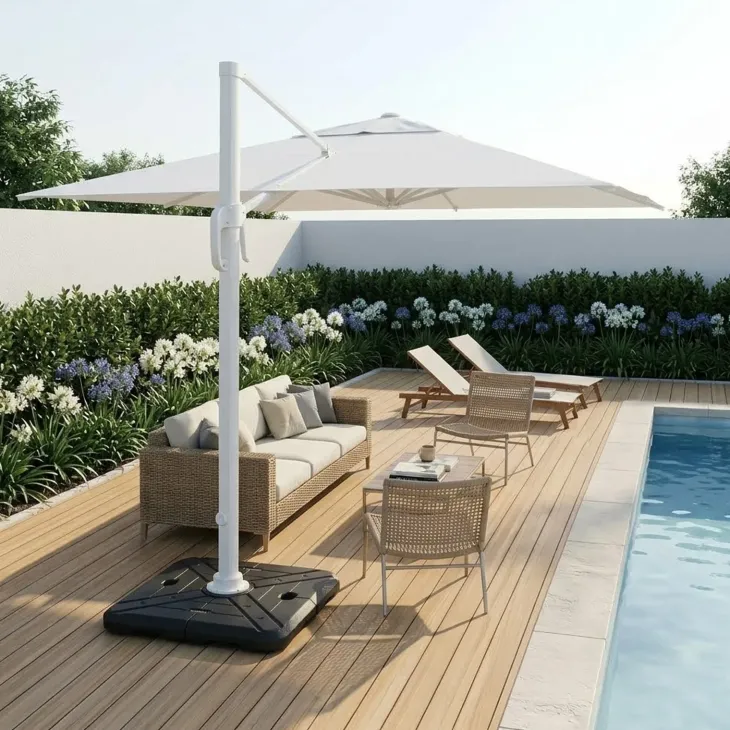 Ombrellone da giardino 4x4m orientabile a 360° con palo laterale telo bianco struttura bianca Formentera