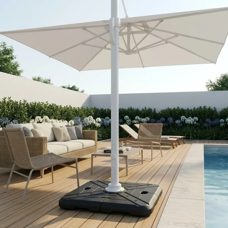 Ombrellone da giardino 4x4m orientabile a 360° con palo laterale telo bianco struttura bianca Formentera