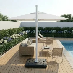 Ombrellone da giardino 4x4m orientabile a 360° con palo laterale telo bianco struttura bianca Formentera