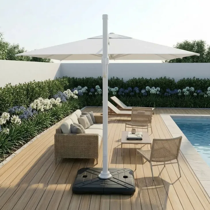 Ombrellone da giardino 4x4m orientabile a 360° con palo laterale telo bianco struttura bianca Formentera