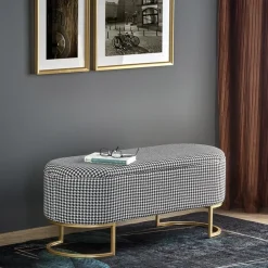 Panca moderna 105x42cm in tessuto nero bianco oro Denes