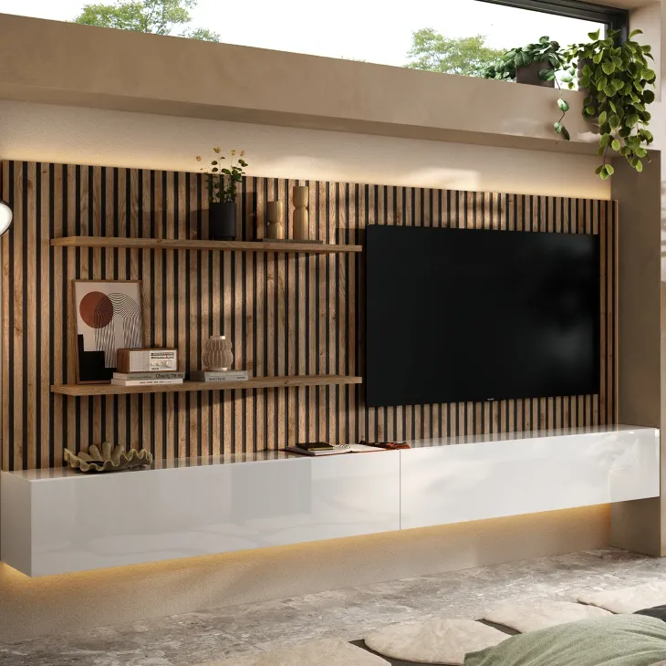 Pannello cannettato a muro 138x100h cm con 2 mensole rovere scuro Sunset Decor