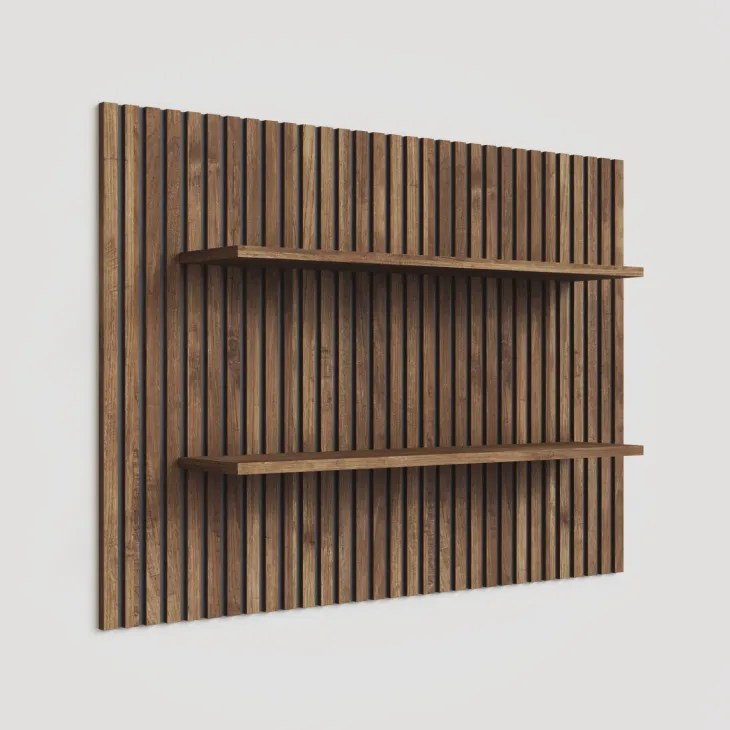 Pannello cannettato a muro 138x100h cm con 2 mensole rovere scuro Sunset Decor