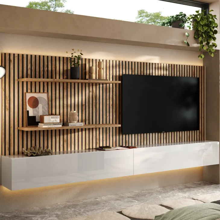 Pannello cannettato a muro 138x100h cm con 2 mensole rovere chiaro Sunset Decor