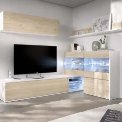Parete attrezzata componibile 260x175h cm rovere bianco lucido Emily