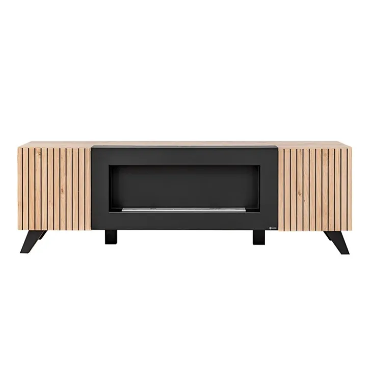 Parete attrezzata con biocamino 340x192h cm noce con stampa nera Mendes