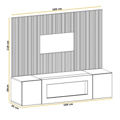 Parete attrezzata con biocamino 160x120h cm pannello effetto cannettato grigio perla rovere Luvox
