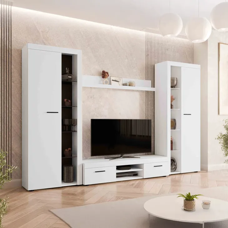 Parete attrezzata soggiorno 300x190h cm con porta tv bianco Haarlem
