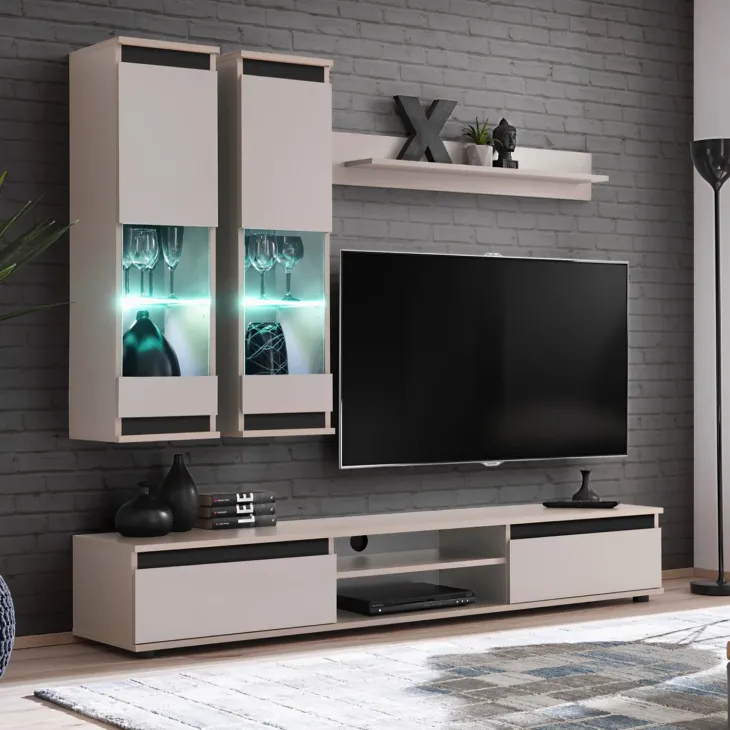 Parete attrezzata soggiorno 175x150h cm moderna beige cashmere nero Siviglia