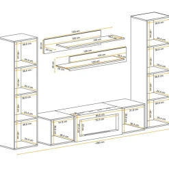 Parete attrezzata sospesa 260x170h cm con biocamino e vetrine rovere Ignis 6 Gihome®