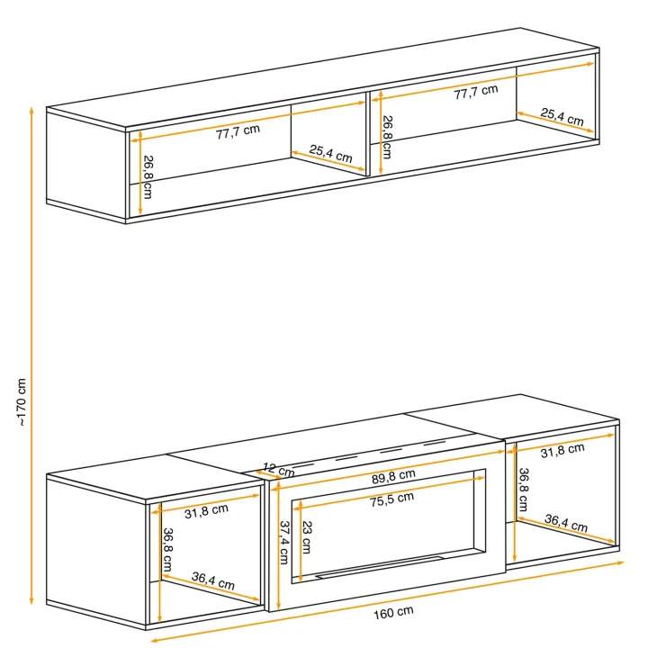 Parete attrezzata sospesa 160x150h cm con biocamino rovere Ignis 2 Gihome®