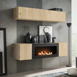 Parete attrezzata sospesa 160x150h cm con biocamino rovere Ignis 2 Gihome®