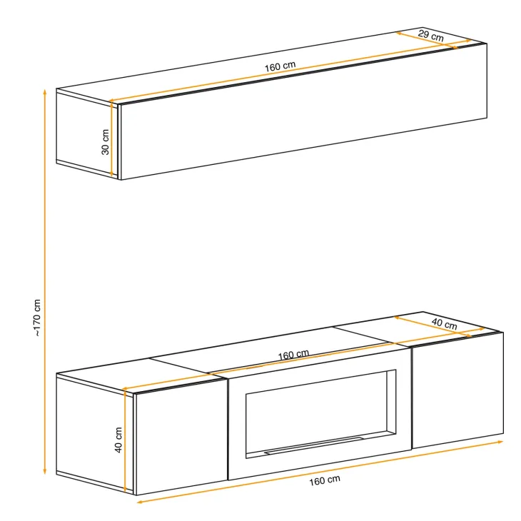 Parete attrezzata sospesa 160x150h cm con biocamino beige cashmere Ignis 2 Gihome®
