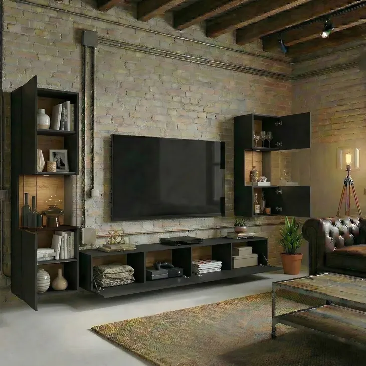 Parete attrezzata sospesa 226x140h cm nero rovere Fusion 2