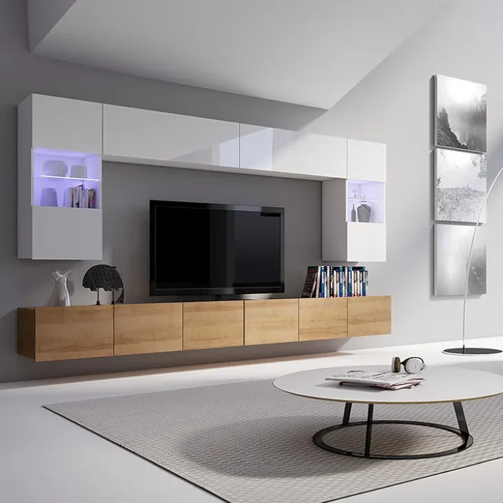 Parete attrezzata sospesa 300x185h cm porta tv con vetrine bianco lucido rovere Mons