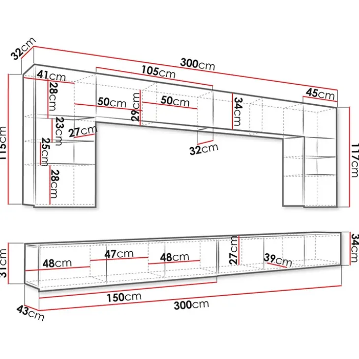 Parete attrezzata sospesa 300x185h cm porta tv con vetrine bianco lucido rovere Mons