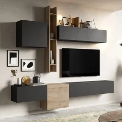 Parete attrezzata sospesa 262x220h cm rovere chiaro ossido nero Sunset 12