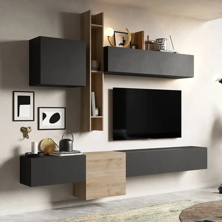 Parete attrezzata sospesa 262x220h cm rovere chiaro ossido nero Sunset 12