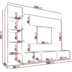 Parete attrezzata sospesa 220x150h cm con colonna bianco cannettato effetto marmo Ilaria