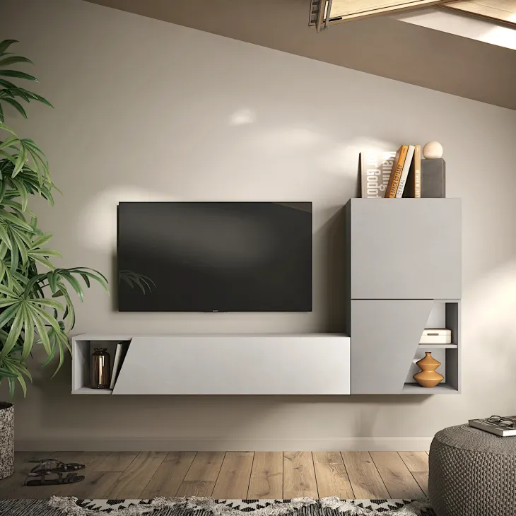 Parete attrezzata sospesa 193x150h cm moderna grigio chiaro e scuro Sunset 94