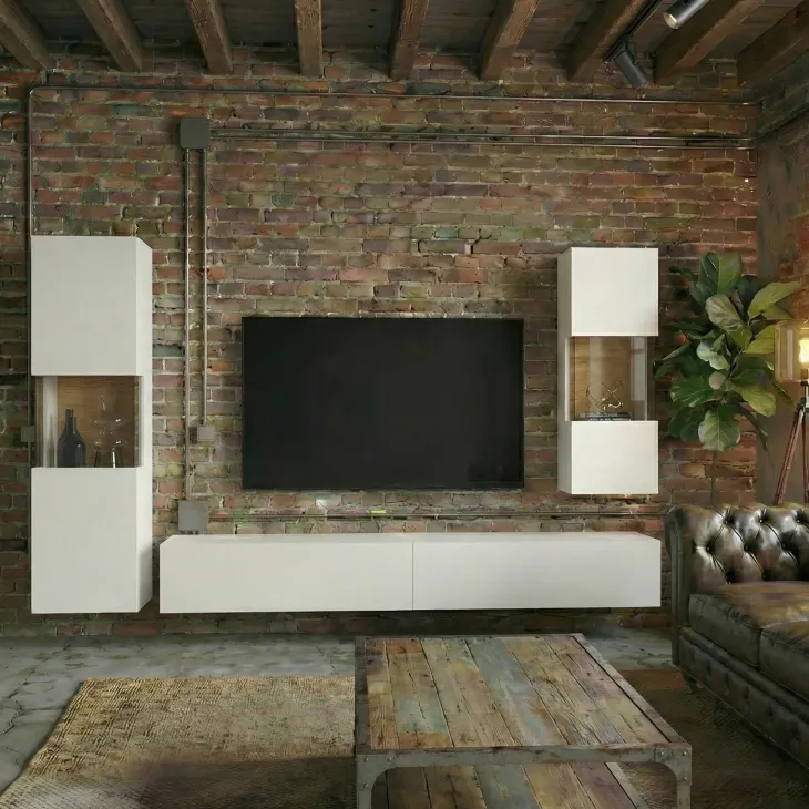 Parete attrezzata sospesa 226x140h cm bianco rovere Fusion 2