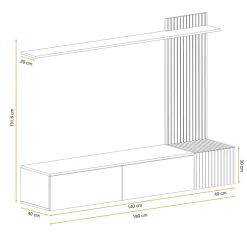 Parete attrezzata sospesa 180x132h cm cannettato nero opaco e rovere Zyra