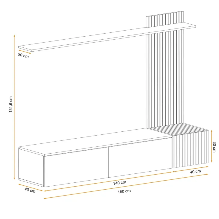 Parete attrezzata sospesa 180x132h cm cannettato nero opaco e rovere Zyra