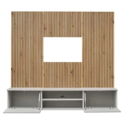 Parete attrezzata sospesa 160x120h cm pannello effetto cannettato grigio perla rovere Luvox