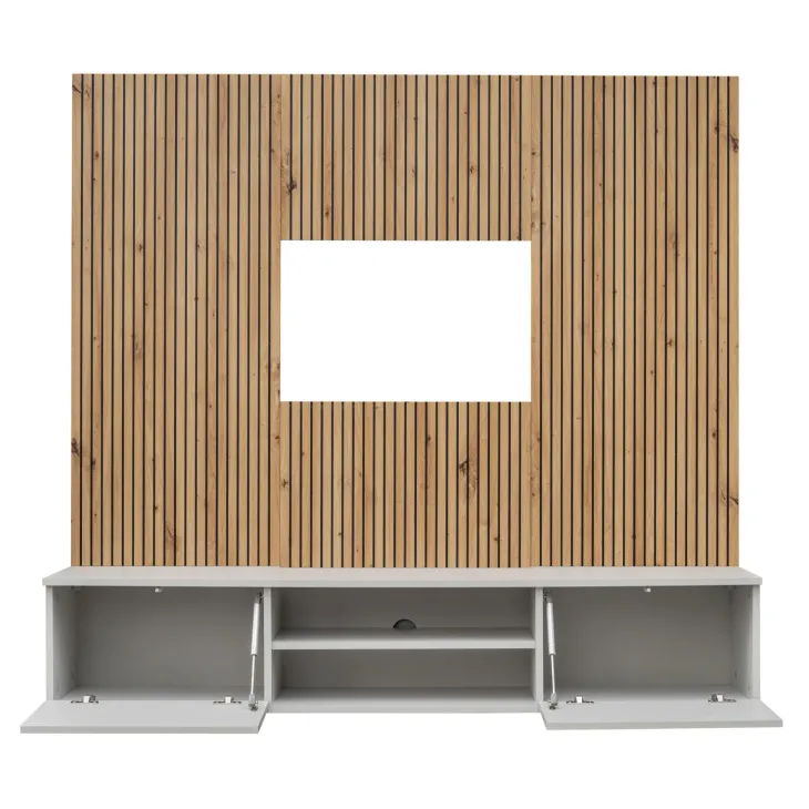 Parete attrezzata sospesa 160x120h cm pannello effetto cannettato grigio perla rovere Luvox