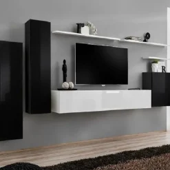 Parete attrezzata sospesa 330x160h cm moderna bianco e nero lucido Geo 01