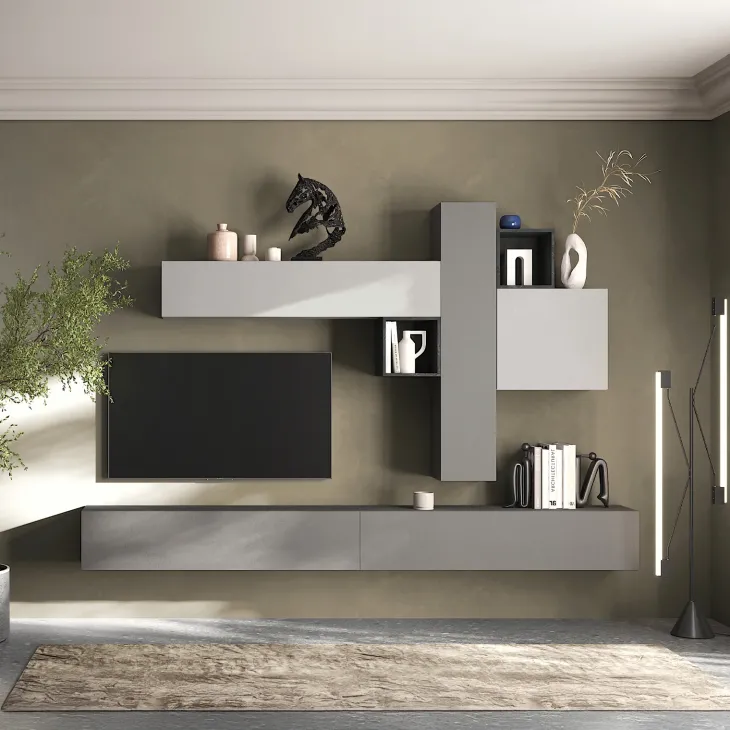 Parete attrezzata sospesa 276x210h cm moderna grigio antracite Sunset 84