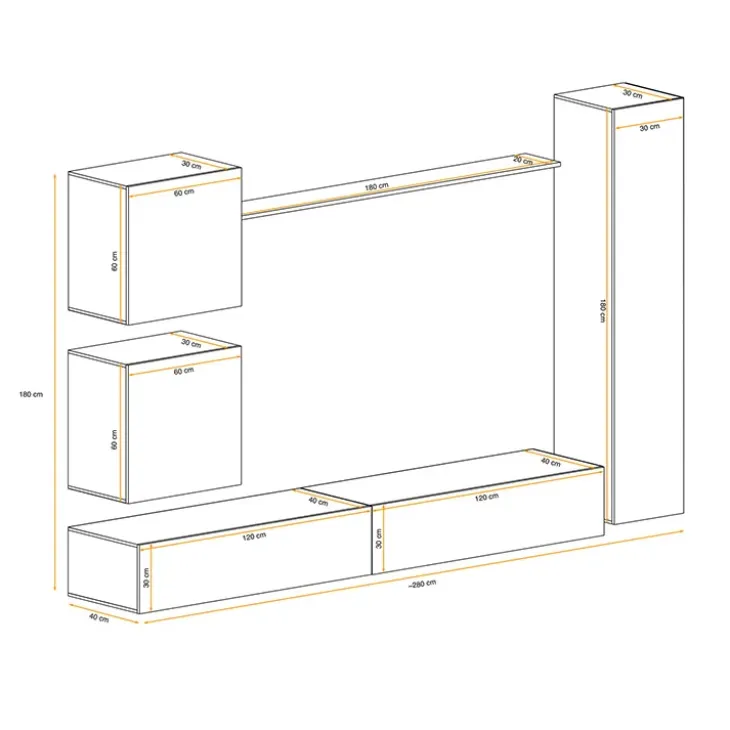Parete attrezzata sospesa 280x180h cm moderna bianco e nero lucido Geo 07