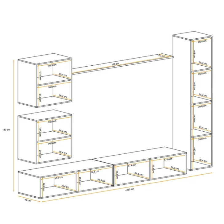 Parete attrezzata sospesa 280x180h cm moderna bianco e nero lucido Geo 07