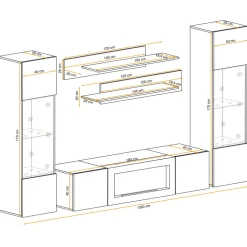 Parete attrezzata sospesa 260x170h cm con biocamino e vetrine beige cashmere Ignis 6 Gihome®