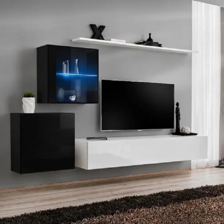 Parete attrezzata sospesa 250x150h cm moderna bianco nero lucido Geo 13