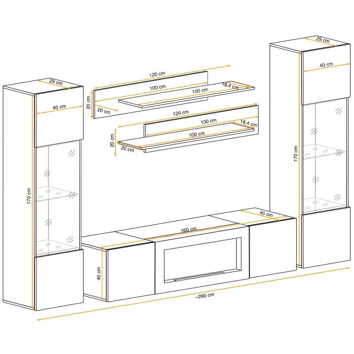 Parete attrezzata sospesa 260x170h cm con biocamino e vetrinette nero Ignis 6 Gihome®