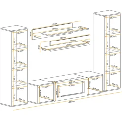 Parete attrezzata sospesa 260x170h cm con biocamino e vetrinette nero Ignis 6 Gihome®