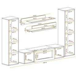 Parete attrezzata sospesa 260x170h cm con biocamino e vetrinette bianco Ignis 6 Gihome®