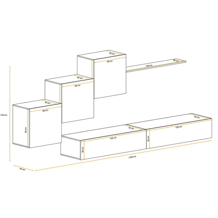 Parete attrezzata sospesa 260x170h cm moderna bianco opaco lucido Geo 08