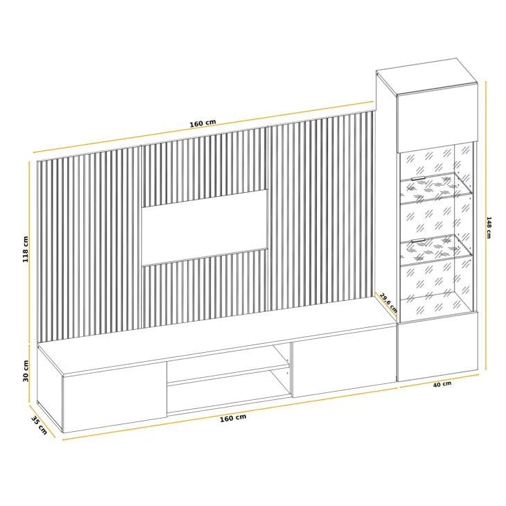 Parete attrezzata sospesa 200x150h cm pannello effetto cannettato grigio perla rovere Luvox