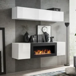 Parete attrezzata sospesa 160x150h cm con biocamino bianco Ignis 2 Gihome®