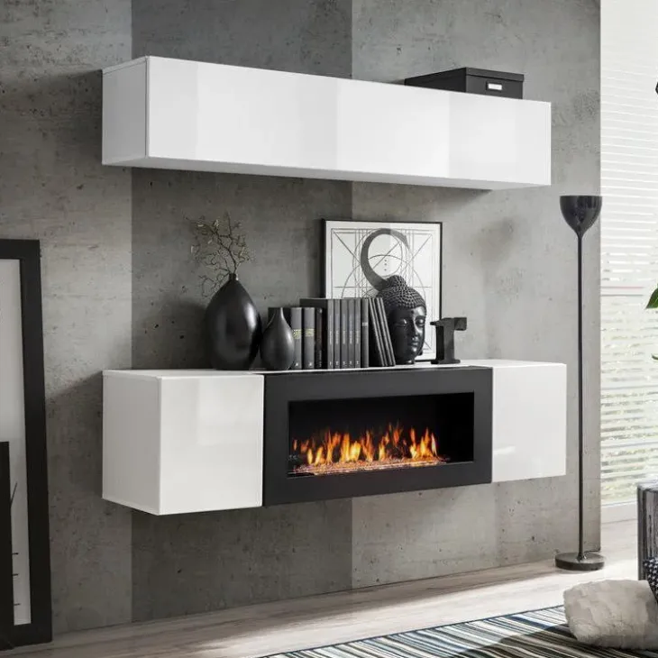 Parete attrezzata sospesa 160x150h cm con biocamino bianco Ignis 2 Gihome®