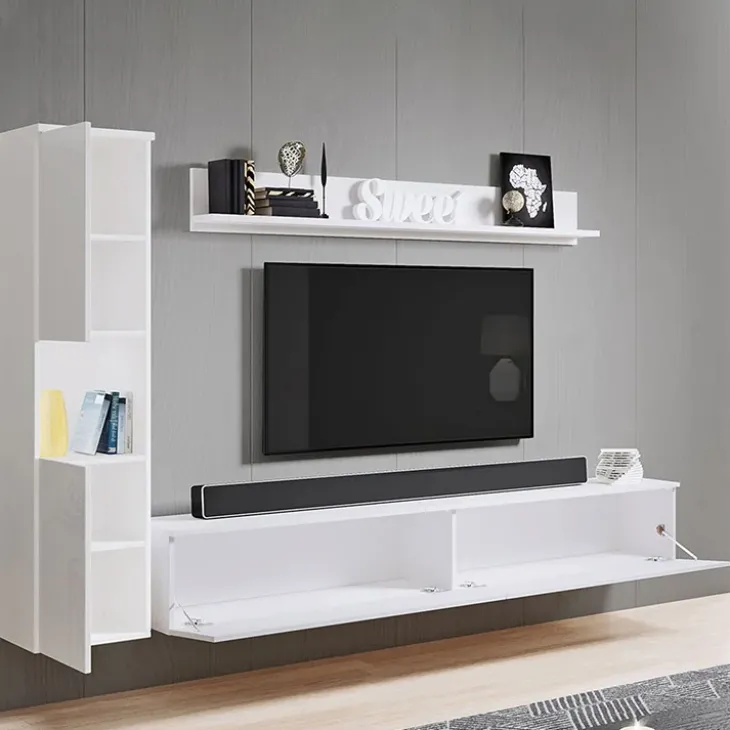 Parete attrezzata sospesa 210x130h cm bianco lucido Lamia