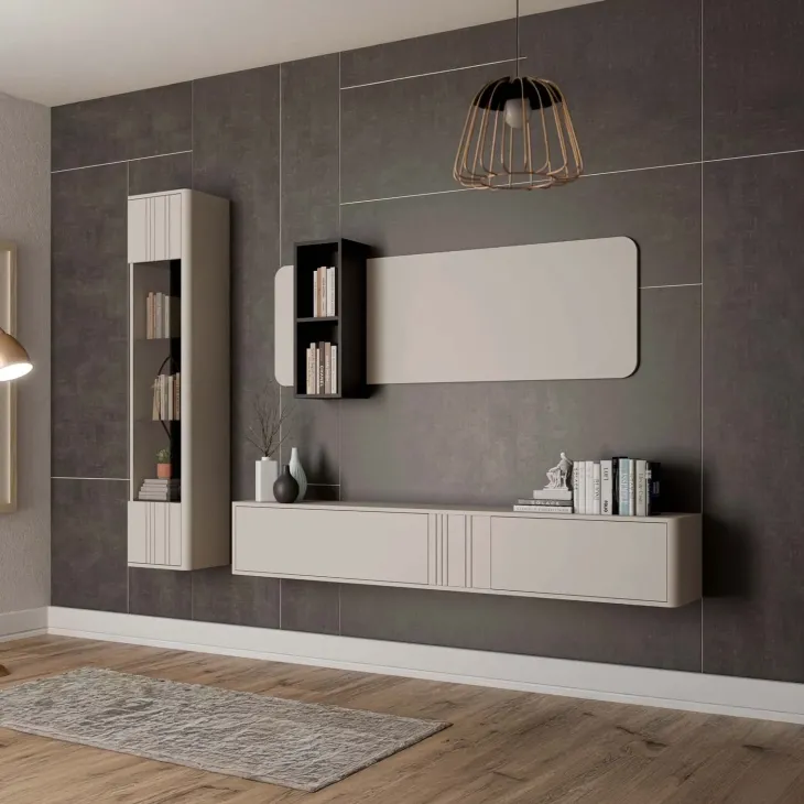 Parete attrezzata sospesa 216x200h cm moderna beige cashmere Bellagio 2